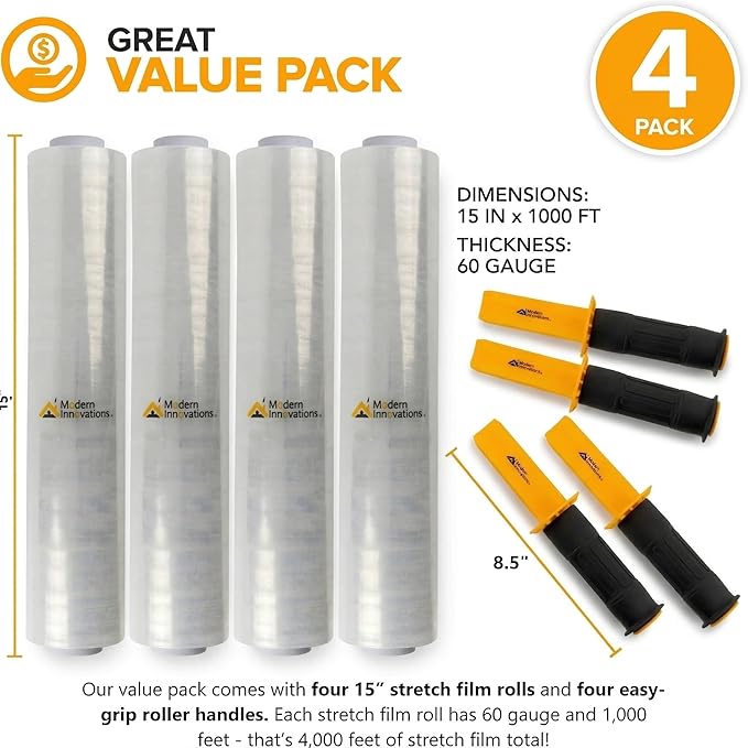 Modern Innovations 15 Inch Clear Stretch Wrap Roll with Handles (4 Rolls-4000 Feet) Heavy Duty Shrink Wrap for Moving, Packing Supplies for Wrapping Furniture, Industrial Plastic Pallet Cling