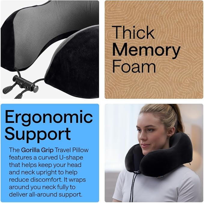 GORILLA GRIP Travel Neck Pillow for Airplanes, CertiPUR-US® Memory Foam Cooling Mesh Pillows, Soft Velvet Washable Cover, Support Headrest for Sleeping, Traveling Essentials Flight Accessories, Black