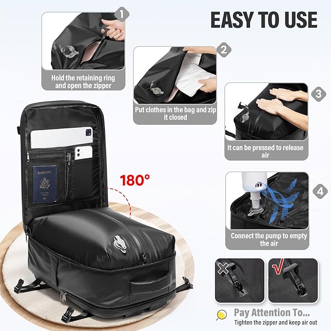 Vacuum Backpack Travel with Pump,Water Resistant Airbag Travel Backpack,Personal Item Carry on Backpacks Flight Approved 18x14x8 inches,Laptop Backpacks,Black