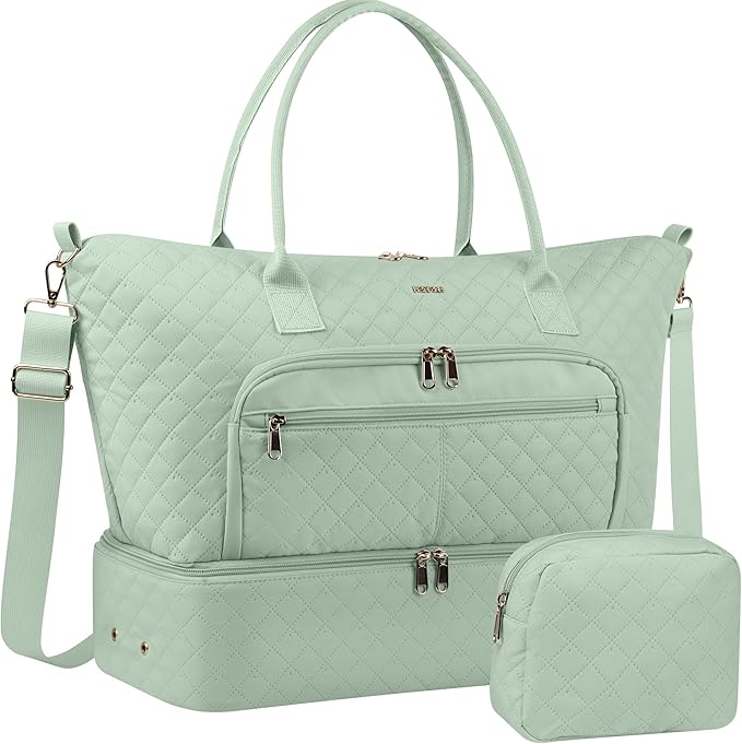 HOTOR Travel Duffle Bag for Women - Carry on Bag with Toiletry Pouch & Shoe Compartment, Large Overnight Weekender Bags for Gym, Business Trips, Sports and Hospital, Green, 17.3" x 7.9" x 13.4"
