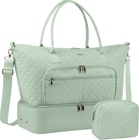 HOTOR Travel Duffle Bag for Women - Carry on Bag with Toiletry Pouch & Shoe Compartment, Large Overnight Weekender Bags for Gym, Business Trips, Sports and Hospital, Green, 17.3" x 7.9" x 13.4"