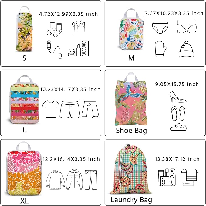 6 Pcs Compression Packing Cubes Waterproof Suitcase Travel Bag Luggage Backpack Organizer Travel Cubes for Packing-Tropical Banana