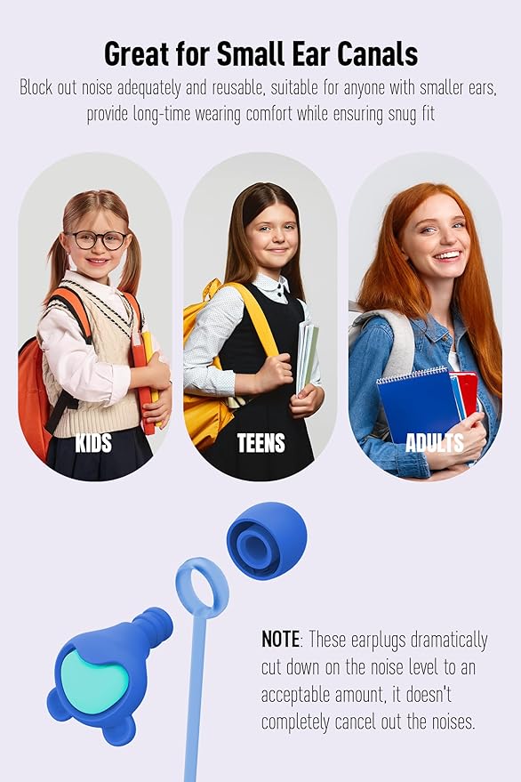 Kids Ear Plugs (6-12 Years) with Cord, Kids Ear Protection Reusable Noise Relief Earplugs for Focus, Travel, Concert, Socializing, Events, Sleep, Anxiety, Home, School, Playtime -26dB Noise Reduction