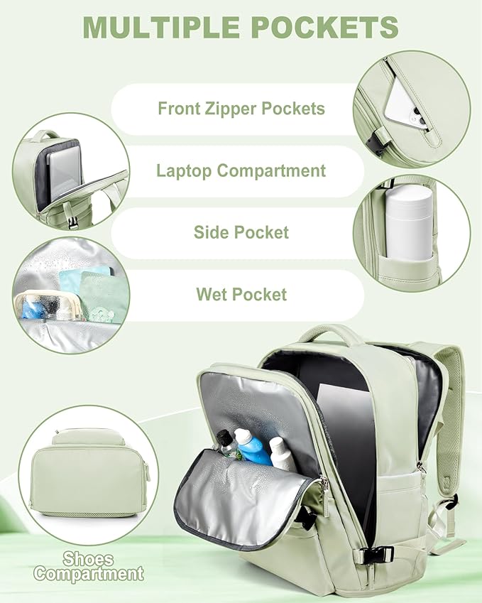 VECAVE Travel Backpack for Women, Airline Flight Approved Carry On Backpacks Waterproof 14 Inch Laptop Backpack with Shoe Compartment Casual Daypack Green.