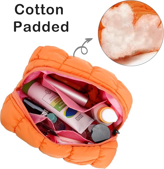 E-Tree Cute Makeup Bag,Quilted Cosmetic Bag,Make up Pouch for Purse,Toiletry Zipper Pouch,Checkered Bag,Travel Case,Storage Pouches for Organization Orange