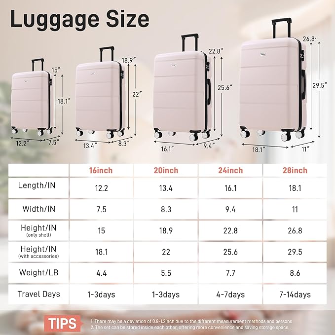 Merax Luggage Sets,6 Piece Carry on Suitcase with Travel Bags,Hardcase Suitcase Set with Double Spinner Wheels,16/20/24/28 IN Luggage Airline Approved,Light Pink