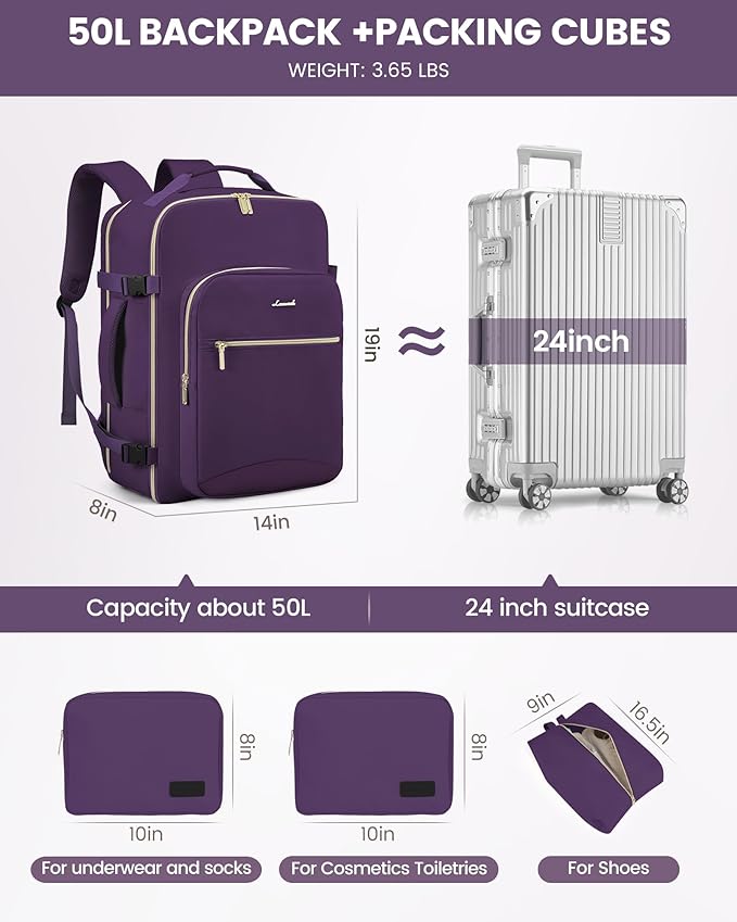 LOVEVOOK Travel Backpack for Women & Men 50L,Airline Approved Carry On Backpack Travel Essentials,TSA Carry on Luggage,Waterproof Personal Item Travel Bag,Suitcase with 3 Packing Cubes,Dark purple