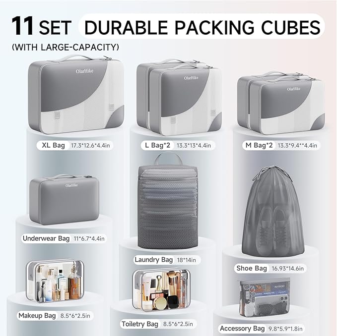 11 Set Packing Cubes for Travel, Gifts for Women Mom Kids, TSA Approved Bags for Makeup, Cosmetic, Toiletry, Suitcase Organizers for Checked Luggage, Cruise Essentials,Airplane Accessories, Grey