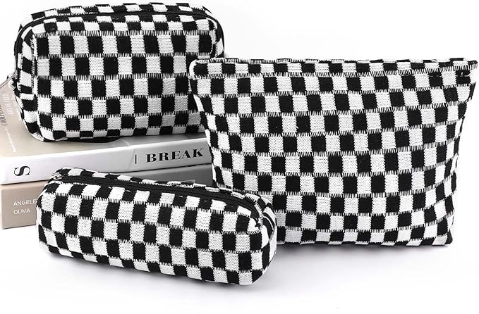 EIMMBD Makeup Bag 3 Pieces Large Capacity Checkered Cosmetic Bags Travel Toiletry Bag Organizer Cute Makeup Pouch Storage for Women(Black)
