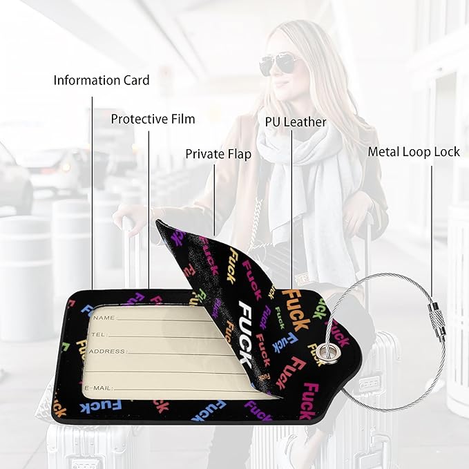 2 Pack Luggage Tags for suitcases Fuck TSA Approved Label Luggage Tag Baggage Tag Leather Stainless Steel Loop Label Tag for Men Women Travel Bag Suitcase