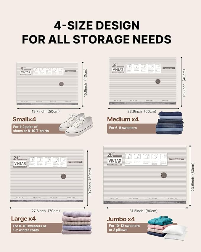 Travel Vacuum Seal Bags for Clothing with Rechargeable Cordless Pump, VINTAR 16 Pack (4J+4L+4M+4S) Carry-on Size Space Saver Vacuum Storage Bags, Compression Packing Bags for Luggage and Suitcase