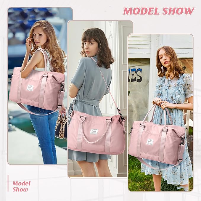 Womens travel bags, weekender carry on for women, sports Gym Bag, workout duffel bag, overnight shoulder Bag fit 15.6 inch Laptop Pink Large