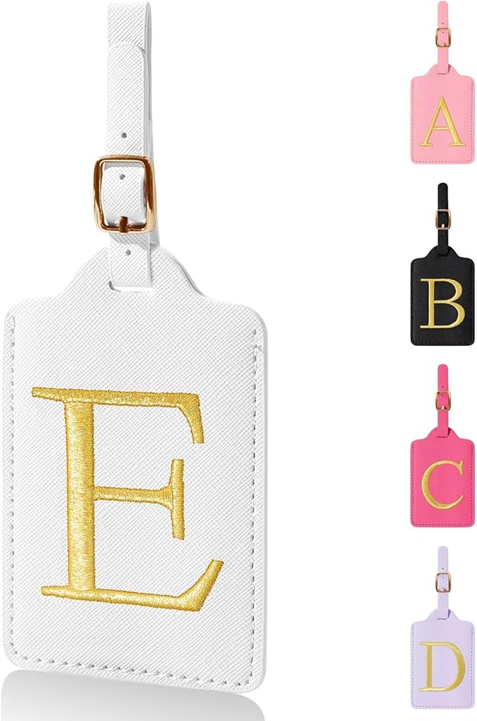 Personalized Initial Luggage Tags for Suitcases,Leather Letter Cute Luggage Tags with Privacy Name Card,Embroidered Monogrammed Travel Bag Backpack Tag Gifts for Women Kids Girls Teens(White-E)