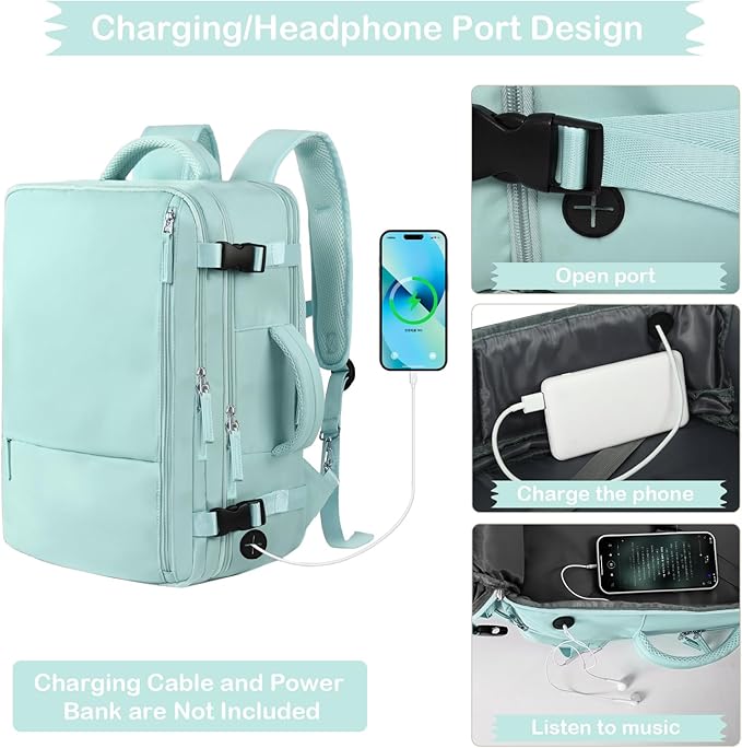Hanples Large Travel Backpack for Women as Person Item Flight Approved, 35L Carry on Backpack, 17 Inch Laptop Backpack, Waterproof Backpack,Casual Bag with 2 Toiletry Bags (Mint Green)