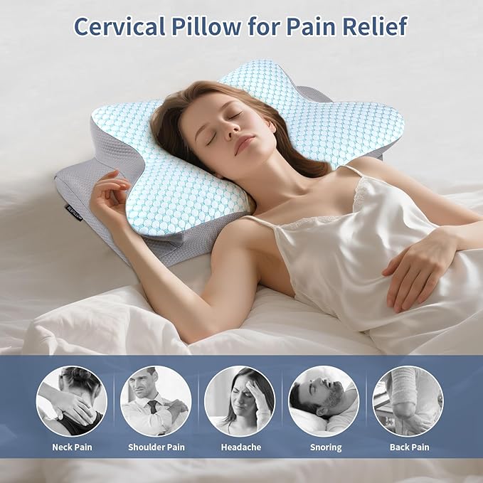 Cervical Neck Pillow - Ergonomic Side Sleeper Pillow for Pain Relief, Cooling Cervical Pillow for Sleeping, Contour Orthopedic Memory Foam Pillows for Back Stomach Sleepers