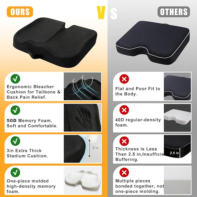 Stadium Seat Cushion, Extra Thick 50D High-Density Bleacher Cushion with Carry Handle, Non-Slip Water-Resistant Stadium Cushions for Bleachers & Outdoor Events(1-Pack)