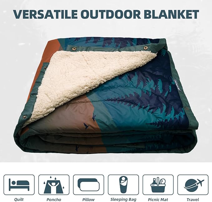 Outdoor Camping Blanket - Puffy Camping Blanket Packable,Sherpa Fleece Warm Blanket for Camping, Outdoors, Travel, Stadium, Festivals, Beach, Hammock 56"x 78" Machine Washable, DWR, Lightweight
