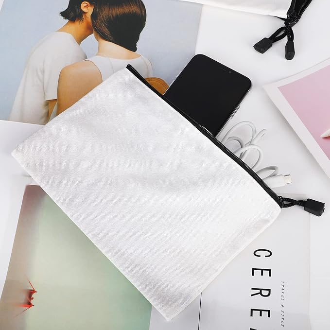 12 Pack DIY Craft Cotton Canvas Bag, Multi-Purpose Cosmetic Bag Makeup Pouches with Zipper Travel Toiletry Bag (XS, Black)
