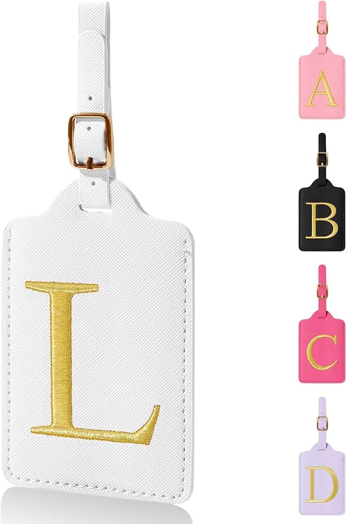 Personalized Initial Luggage Tags for Suitcases,Leather Letter Cute Luggage Tags with Privacy Name Card,Embroidered Monogrammed Travel Bag Backpack Tag Gifts for Women Kids Girls Teens(White-L)