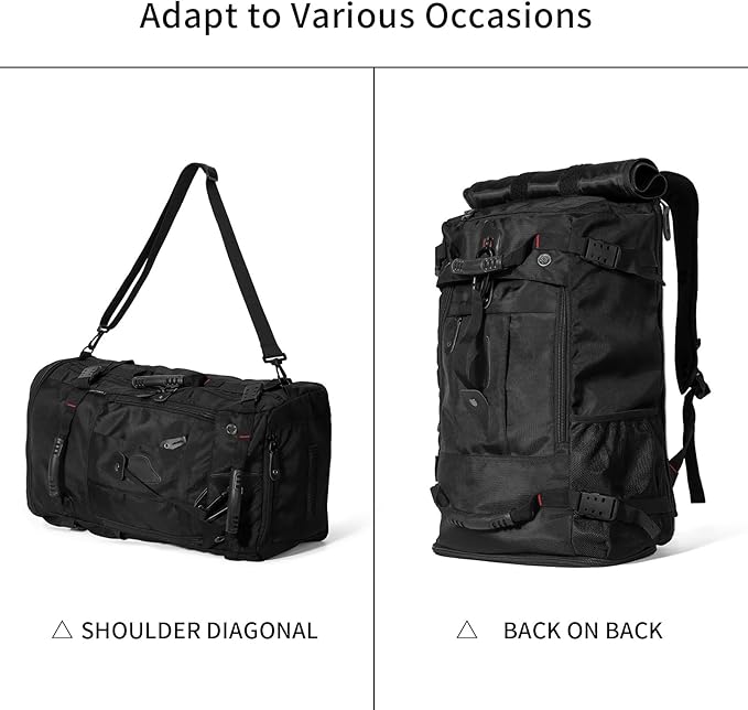 Large Capacity For Travel Hiking Sports Carry On Backpack Durable Convertible Duffle Bag Laptop airplane (BLack, 45L-Normal)