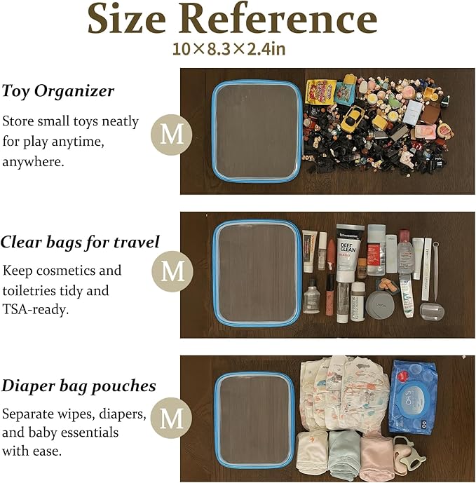 4 pcs Clear Zipper Pouches,Hard Shell Zipper Case, Toiletry Bag for Travel, CLear Diaper Bag, Toiletry Pouch, Travel Organizer, Cosmetic Bag,Toy Storage Bins (M+3S) (Blue)