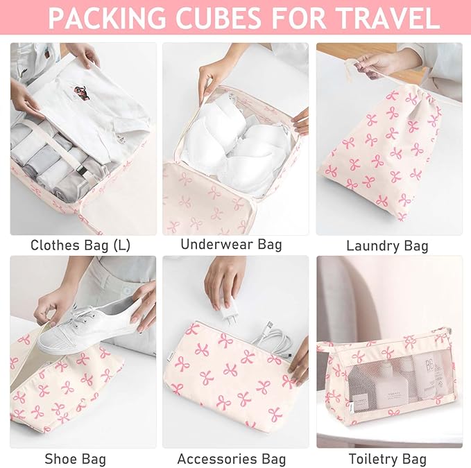 KPX 8 Set Packing Cubes for Travel, Luggage Packing Organizers Accessories Large Toiletries Bag for Clothes Shoes Cosmetics (8Set-Pink Bow)