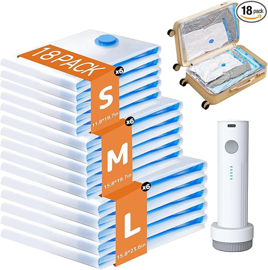18 Pack Vacuum Bags for Travel with Rechargeable Air Pump, Carry-On Compression Bags for Luggage and Suitcase, Space Saver Storage for Clothing and Travel Organization