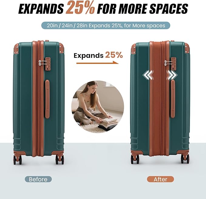 KUNEL Expandable 5 Piece Luggage Sets with Detachable Spinner Wheels and TSA Lock, Unisex Hardside ABS Suitcase Set, Hardshell Lightweight Waterproof Travel Hard Case Suitcases with Wheels, DarkGreen