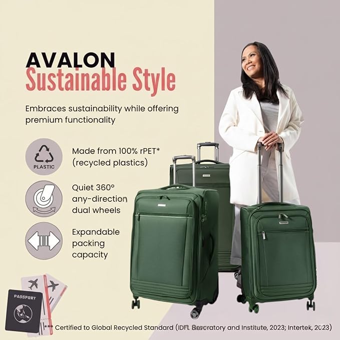 Ricardo Beverly Hills Avalon Softside 2-Piece Luggage Set Made with Sustainable 100% Recycled PET (rPET), Lightweight, Eco-Friendly Travel, Expandable, Dual Spinner Wheels, Juniper Green, (20" & 24")