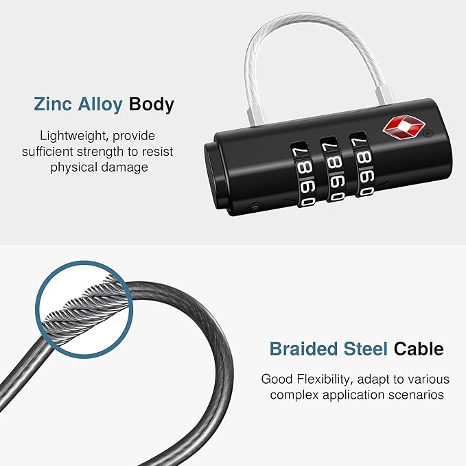 Puroma 2 Pack Luggage Locks TSA Approved, TSA Locks for Luggage Travel Lock Black Resettable Combination Zinc Alloy for Suitcase, Backpack, Laptop Bag, Gym Locker, Toolbox