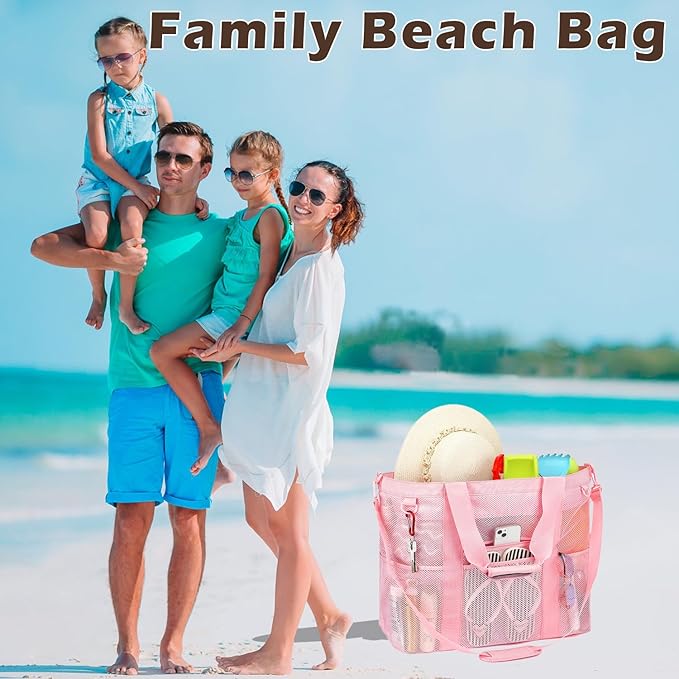 Fammart Mesh Beach Bag, Large Beach Tote with Zipper Pocket, Toys Pool Bag for Family Travel Vacation Cruise Essentials
