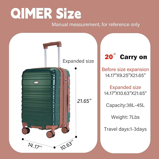 Carry on Luggage, 20Inch Expandable Luggage Airline Approved Hard Shell PC Suitcases with Wheels 22x14x9 TSA Lock Durable Zipper Lightweight Travel for Men and Women, Dark Green