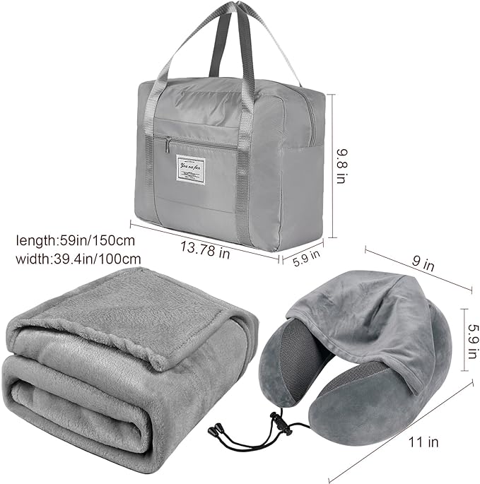Travel Blanket Pillow Set - Travel Neck Pillow & Blanket for Airplane, Thick Fleece Plane Blanket, Hooded Memory Foam Neck Pillows, Foldable Duffel Bag, Sleep Mask, Earplugs for Plane Traveling, Gray