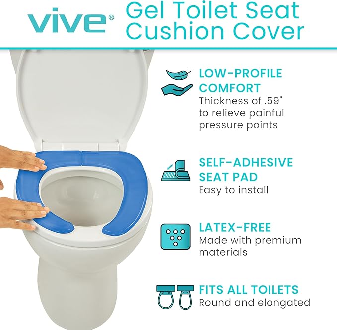 Vive Gel Toilet Seat Cushion Cover - Raised Padded Riser Cushion for Elongated, Standard, and Commode Chairs- Seat Warmer Pressure & Pain Relief Comfort- Adhesive Donut Pad for Elderly, Seniors (Blue)