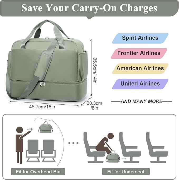 Travel Duffel Bags for Women, Carry-on Overnight Weekender Bag with Wet Pocket & Toiletry Bag, For Spirit Airlines 18x14x8 Personal Item Bag