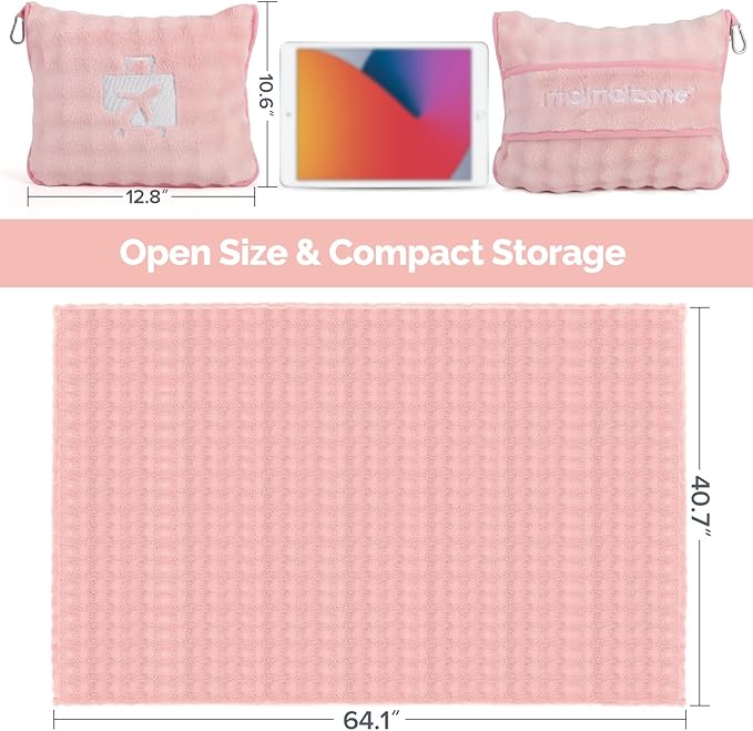 Pink Travel Blanket for Airplane, Soft Lightweight Flannel Blanket, Compact & Portable with Storage Bag, Luggage Strap & Clip, Cozy Travel Essential for Flights, Road Trips & More,40.7" x 64.1"