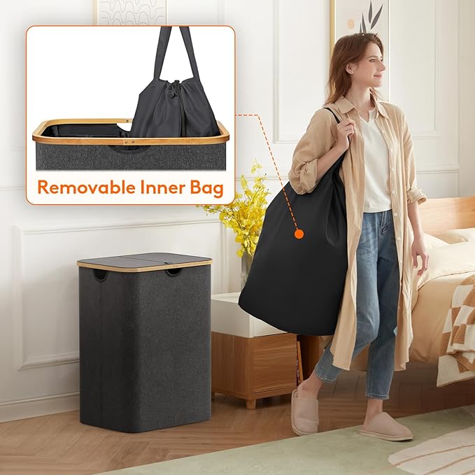 Lifewit 150L Laundry Basket with Lid, Clothes Hampers for Laundry with Bamboo Handles and 2 Removable Bag, Large Foldable Laundry Hamper for Bedroom, Bathroom, Dorm, Laundry Room, Dark Gray