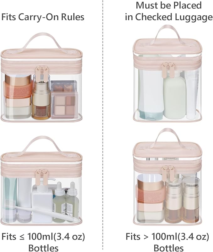 PACKISM Clear Toiletry Bag Combo Pack - 1 TSA Approved Medium & 1 Large Makeup Bag for Checked Luggage, Clear PVC Travel Bag with Handle, Dual Metal Zippers, Water Resistant Large Opening, Pink