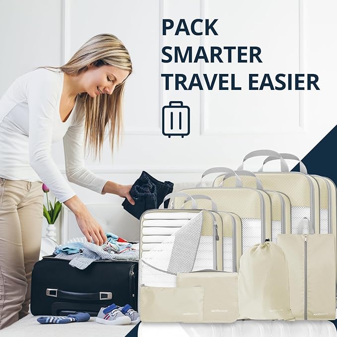 Compression Packing Cubes 10 Set, Compressible Space-Saving Packing Cubes for Travel - Compression Bags, Luggage Organizer, Travel Essentials for Women, Beige