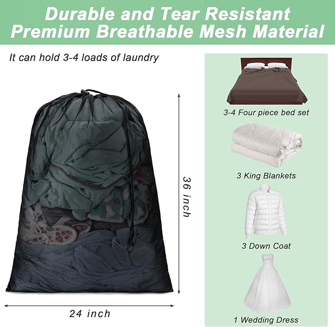 2 Pack Mesh XL Laundry Bags,Machine Washable Dirty Clothes Organizer with Drawstring and ID Tag, Large Laundry Hamper Liner Enough to Laundry Essentials for Travel, Sports(24"x 36",Black)