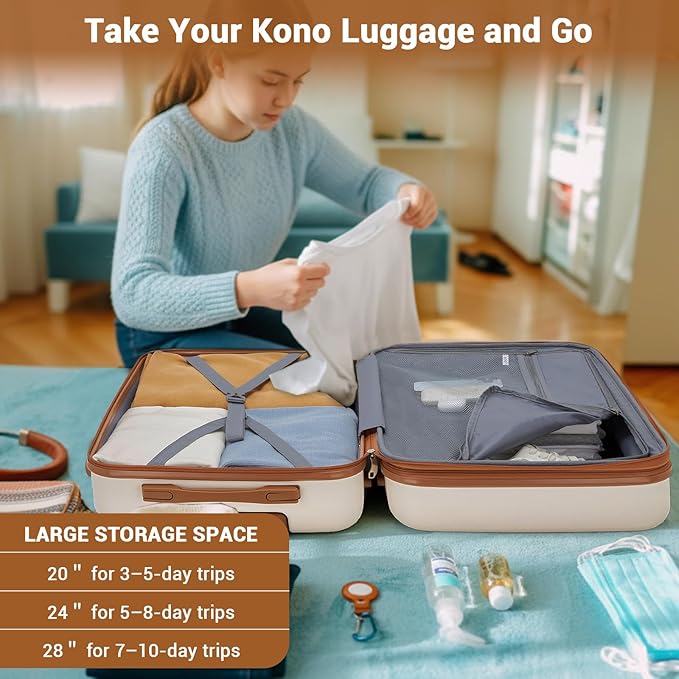 Kono Expandable Carry On Luggage 22x14x9 Airline Approved with Spinner Wheels, 20 Inch Impact-Resistant PC+ABS Hardshell Rolling Suitcase Travel Luggage with Lock, White/Brown