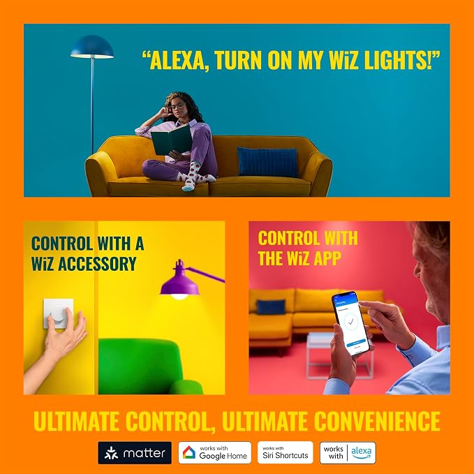 WiZ Connected Smart Light Bulbs, 2-Pack, Color A19 60W 800LM E26 Indoor LED Lights, Smart Bulbs with Motion Detection, Control with Voice or App