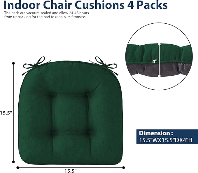 Chair Cushions for Dining Chairs, Seat Cushions for Kitchen Chairs, Indoor Seat Cushions with Ties, Tufted Foam Chair Pads, Non Slip Chair Cushions Set of 6, 15.5" x 15.5" x 4", Dark Green