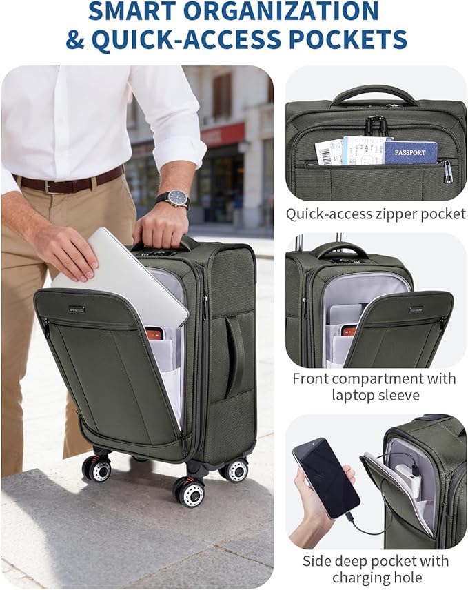 ECOHUB Carry On Luggage Airline Approved, 20 Inch Softside Carry On Suitcase with Spring Shock-Absorbing Spinner Wheels, Lightweight Travel Luggage with TSA Lock, 22x14x9 Carry-On Bag