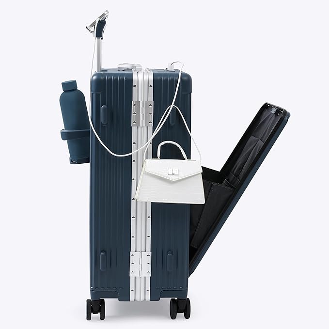 Nobl Travel Zipperless Check In Suitcase - Aluminum Frame, Medium Check In luggage 27x17.5x10.4 Airline Approved by Noble Travel - Polycarbonate Shell - TSA Locks, 360° Spinner Wheels - Midnight Blue