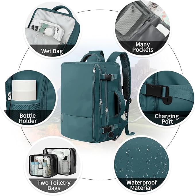 Hanples Personal Item Backpack,Travel Backpack for Women, 35L Carry on Backpack,17 Inch Laptop Backpack with USB Charging Port, Travel Essentials with 2 Toiletry Bags(Peacock Blue)