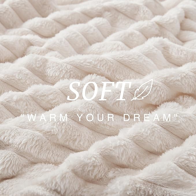 EXQ Home Fleece Throw Blanket for Couch or Bed - 3D Stripe Jacquard Decorative Blankets - Cozy Soft Lightweight Fuzzy Flannel Blanket Suitable for All Seasons(50"×60",Beige)