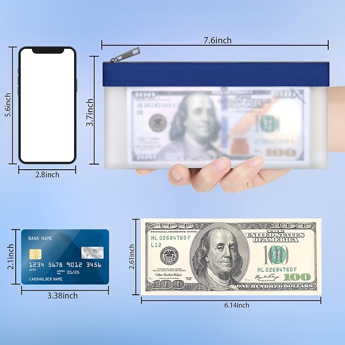 4 Pieces Money Bags With Zipper, Cash Envelopes, 7.6 x 3.7 Inch Money Pouch, Clear Bank Deposit Bag, Coin Bag for Collectors, Multi-Purpose Check Wallet (Dark Blue)
