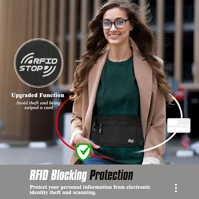 MoKo Secure Travel Money Belt, Undercover Hidden RFID Blocking Travel Wallet, Anti-Theft Passport Wallets for Men Women