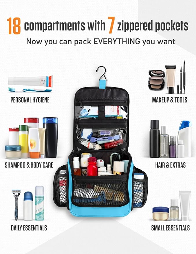 VENTURE 4TH Hanging Travel Toiletry Bag for Women & Men – Large Toiletry Organizer with 18 Compartments, Removable TSA Pouch, Travel Wash Bag for Toiletries, Makeup & Shaving Kit (Light Blue)